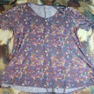 Lularoe Women's Blouse Purple Blue Floral Short Sleeve Scoop Neck Stretch